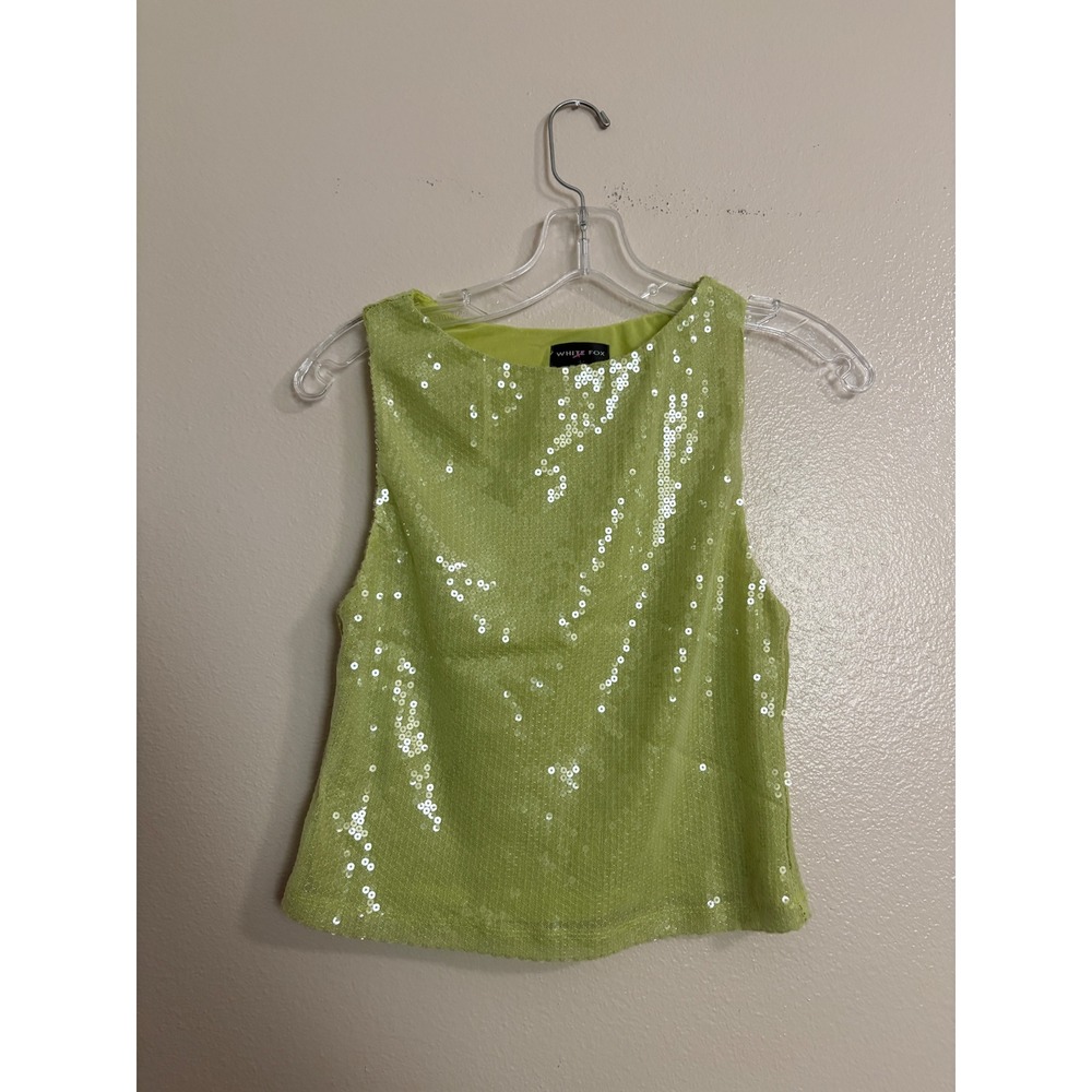 White Fox Boutique Lime Green Sequin Two Piece Set Top Mini Skirt Size L